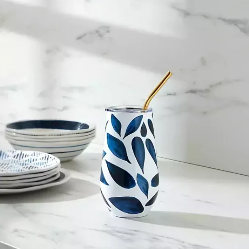 Kirklands Home Glassware & Drinkware|Bay Leaf Insulated Wine Tumbler Blue