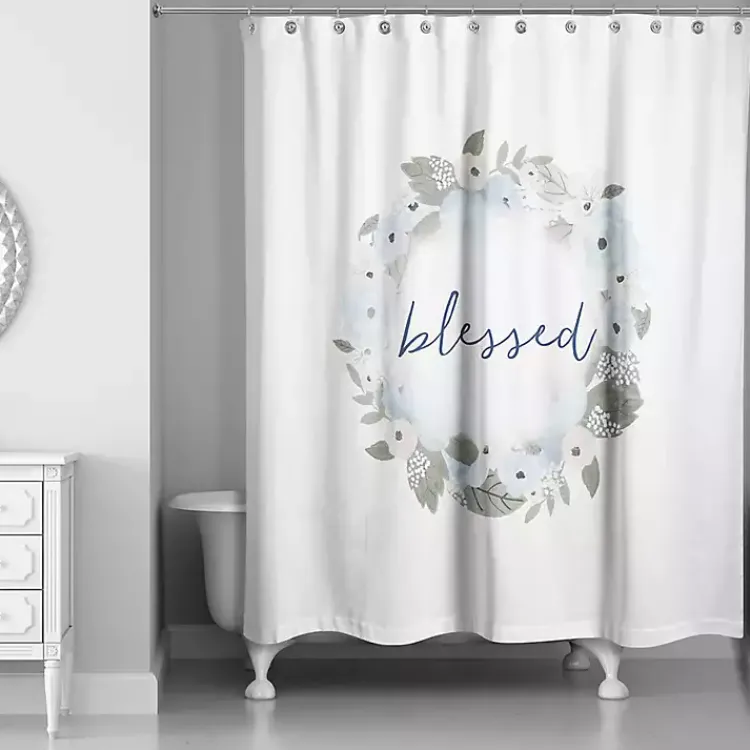 Kirklands Home Shower Curtains|Blue Blessed Floral Wreath Shower Curtain White