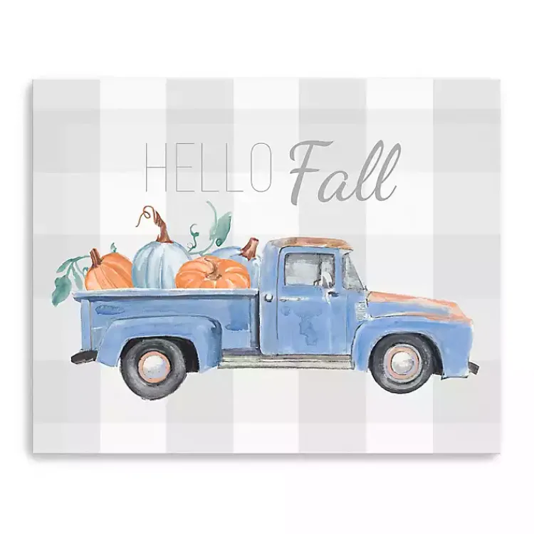 Best Blue Checkered Pumpkin Truck Canvas Wall Art Fall
