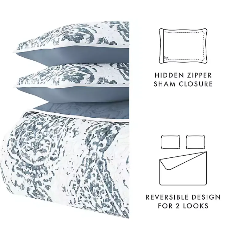 Kirklands Home Quilts|Blue Damask Reversible 3-pc. King Quilt Set