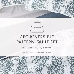 Kirklands Home Quilts|Blue Damask Reversible 3-pc. King Quilt Set