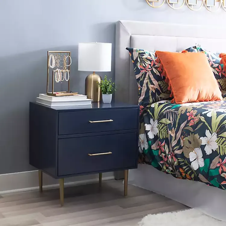 Kirklands Home Nightstands|2-Drawer Nightstand with Gold Hardware Blue