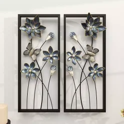 Kirklands Home Wall Plaques|Blue Floral and Butterfly Wall Plaques, Set of 2