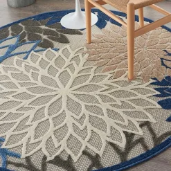 Kirklands Home Outdoor Rugs|Blue Floral Burst Round Outdoor Area Rug, 5x5