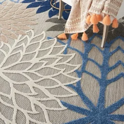 Kirklands Home Outdoor Rugs|Blue Floral Burst Round Outdoor Area Rug, 7x7