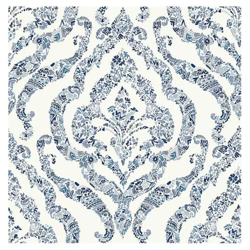 Kirklands Home Wall Murals & Wallpaper|Floral Damask Pattern Peel & Stick Wallpaper Blue