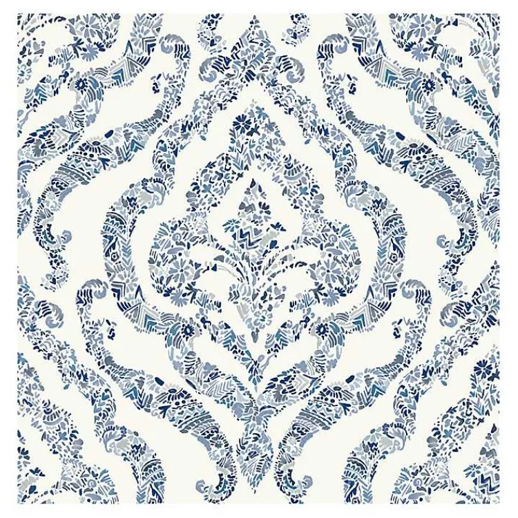 Kirklands Home Wall Murals & Wallpaper|Floral Damask Pattern Peel & Stick Wallpaper Blue