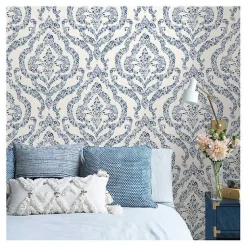 Kirklands Home Wall Murals & Wallpaper|Floral Damask Pattern Peel & Stick Wallpaper Blue