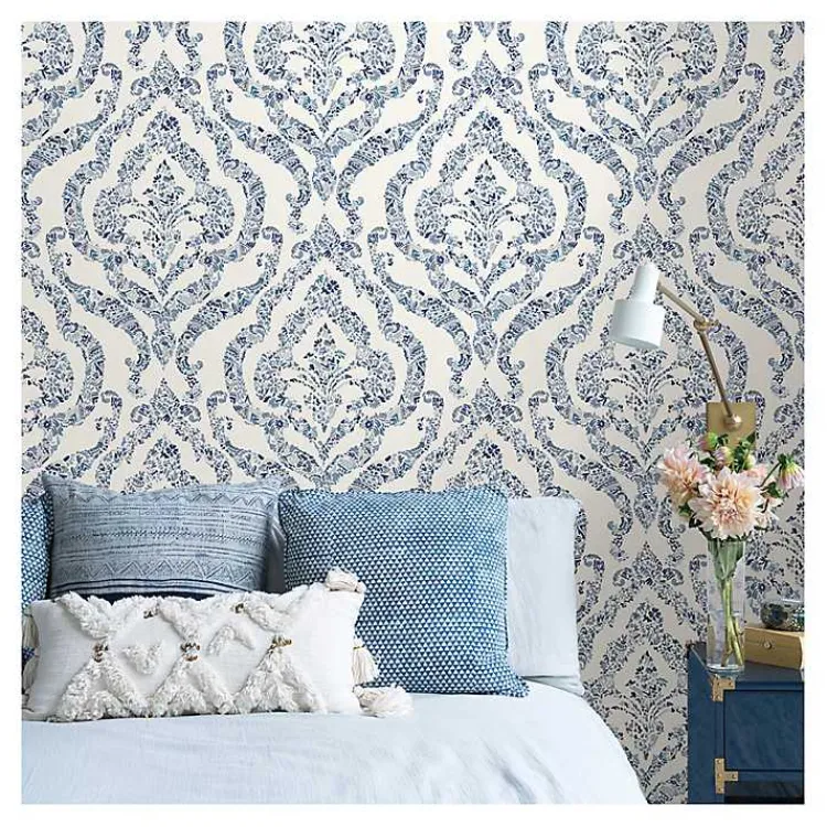 Kirklands Home Wall Murals & Wallpaper|Floral Damask Pattern Peel & Stick Wallpaper Blue