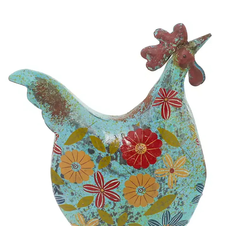 Kirklands Home Garden Statues|Blue Floral Metal Rooster Statue