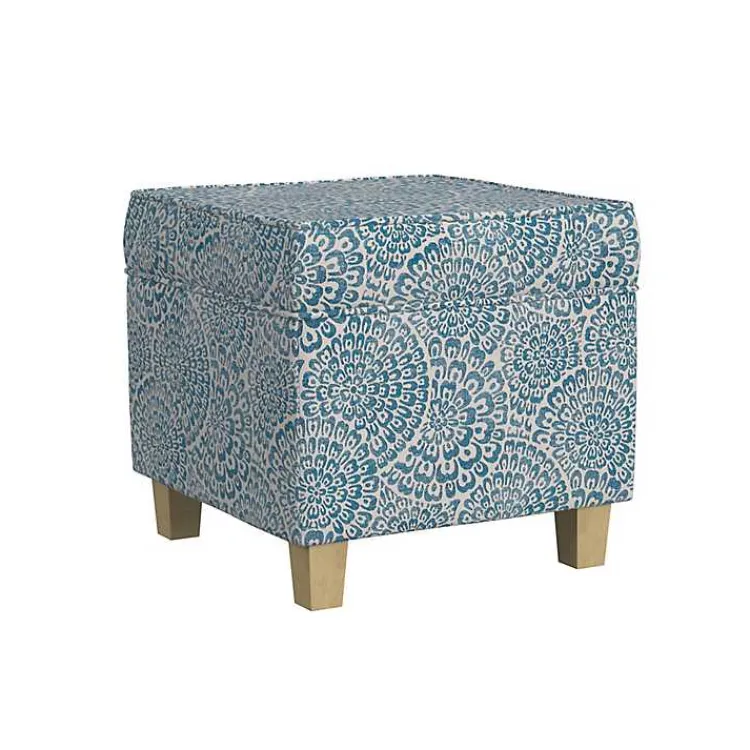 Kirklands Home Benches & Ottomans|Floral Upholstered Square Storage Ottoman Blue