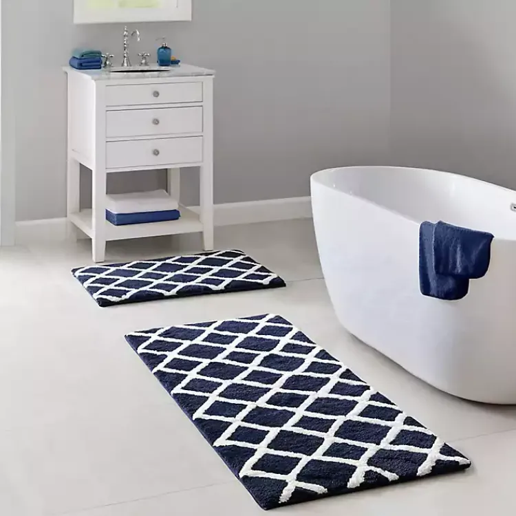 Kirklands Home Bathroom Rugs|Blue Geometric Pattern Reversible Bath Mat, 34 in.