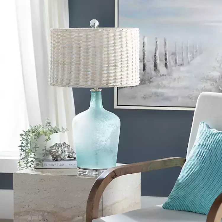 Kirklands Home Table Lamps|Blue Glass Coastal Table Lamp Tan