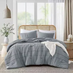 Kirklands Home Comforters|Gray Pleated Grid 3-pc. Queen Comforter Set Blue