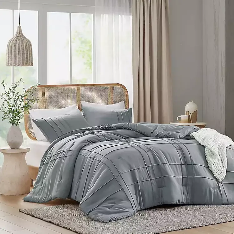 Kirklands Home Comforters|Gray Pleated Grid 3-pc. King Comforter Set Blue