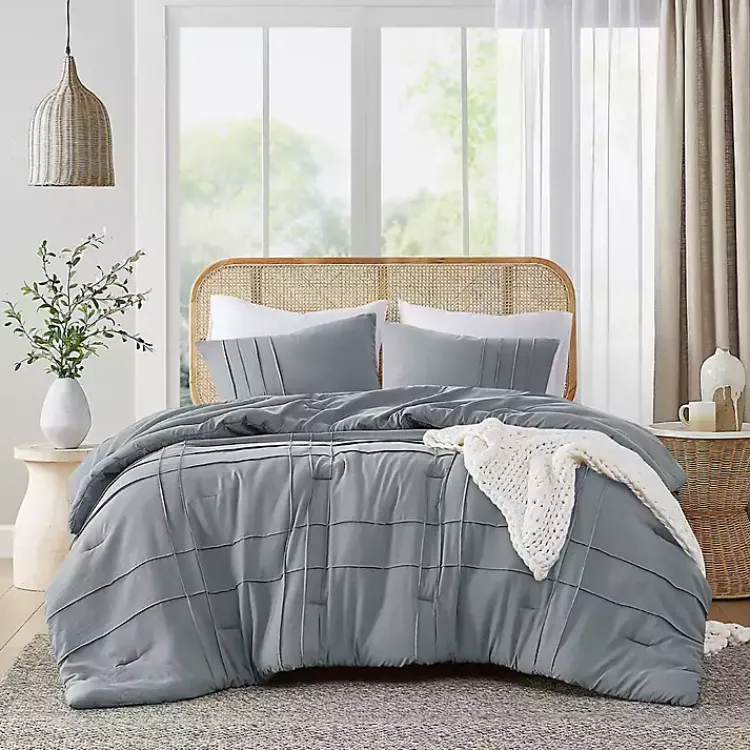 Kirklands Home Comforters|Gray Pleated Grid 3-pc. King Comforter Set Blue