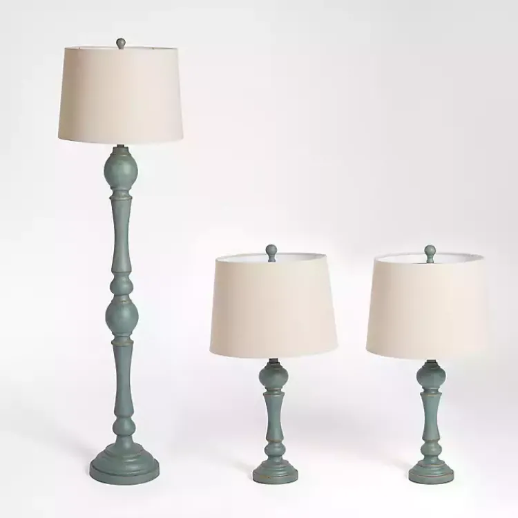 Kirklands Home Table Lamps|Green Distressed Set of Three Lamps Blue