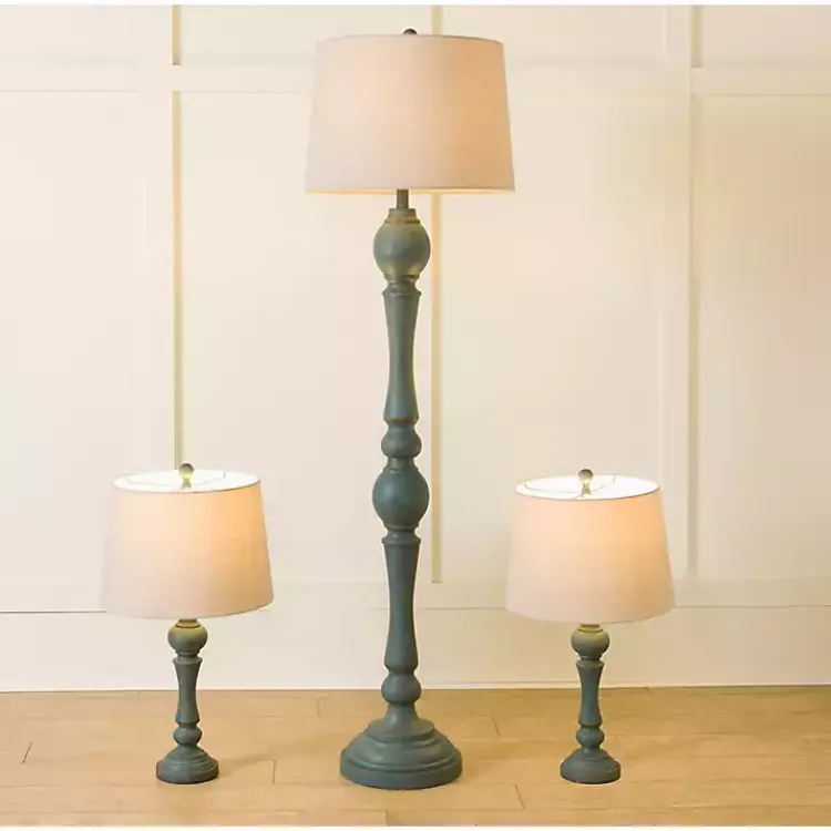Kirklands Home Table Lamps|Green Distressed Set of Three Lamps Blue