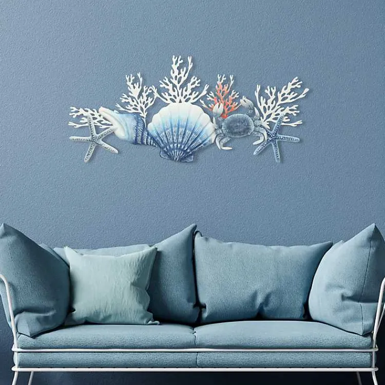 Kirklands Home Wall Plaques|Blue Metal Coral and Shell Wall Plaque