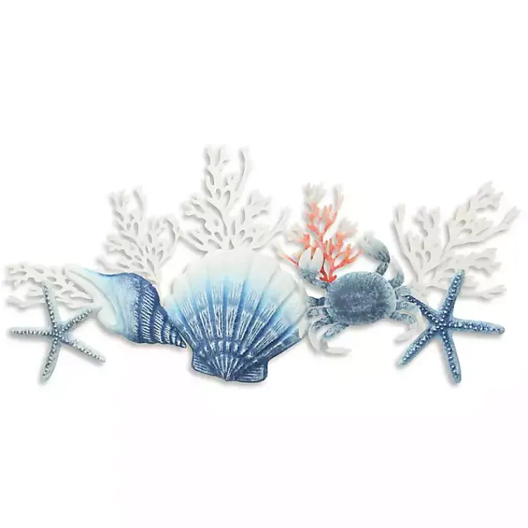 Kirklands Home Wall Plaques|Blue Metal Coral and Shell Wall Plaque