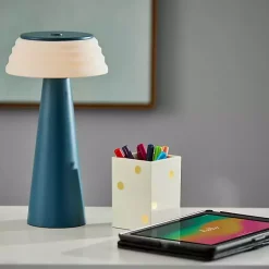 Kirklands Home Outdoor Lighting|Metal Cordless Lamp with White Ribbed Shade Blue