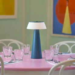 Kirklands Home Outdoor Lighting|Metal Cordless Lamp with White Ribbed Shade Blue