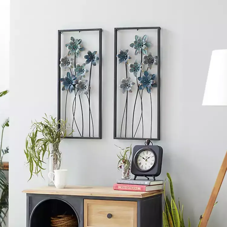 Kirklands Home Wall Plaques|Metal Floral Panel Wall Plaques, Set of 2 Blue