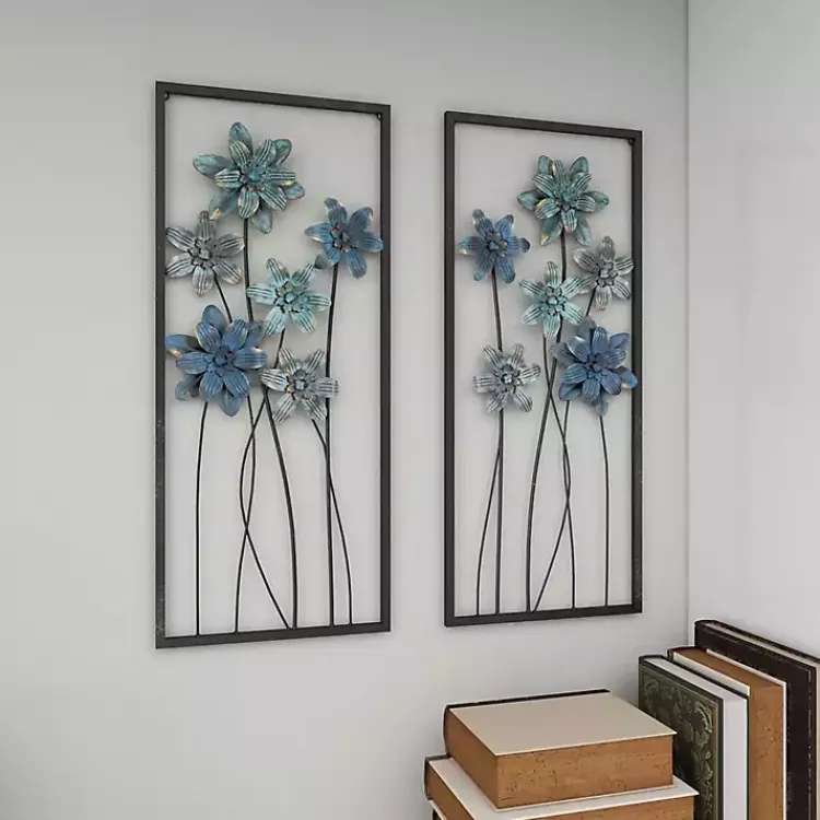 Kirklands Home Wall Plaques|Metal Floral Panel Wall Plaques, Set of 2 Blue