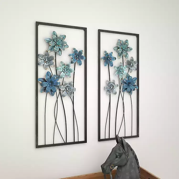 Kirklands Home Wall Plaques|Metal Floral Panel Wall Plaques, Set of 2 Blue