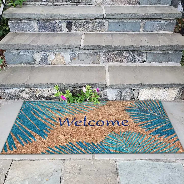 Kirklands Home Doormats|Blue Palm Fronds Welcome Coir Doormat