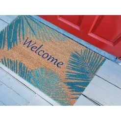 Kirklands Home Doormats|Blue Palm Fronds Welcome Coir Doormat