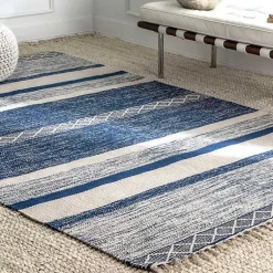 Kirklands Home Area Rugs|Seabrook Striped Fringe Wool Area Rug, 7x9 Blue