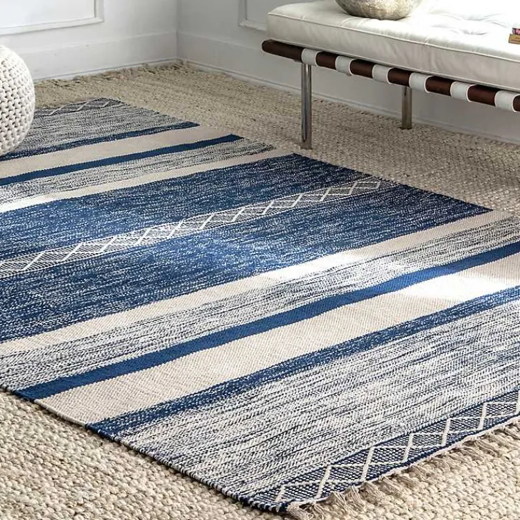 Kirklands Home Area Rugs|Seabrook Striped Fringe Wool Area Rug, 7x9 Blue