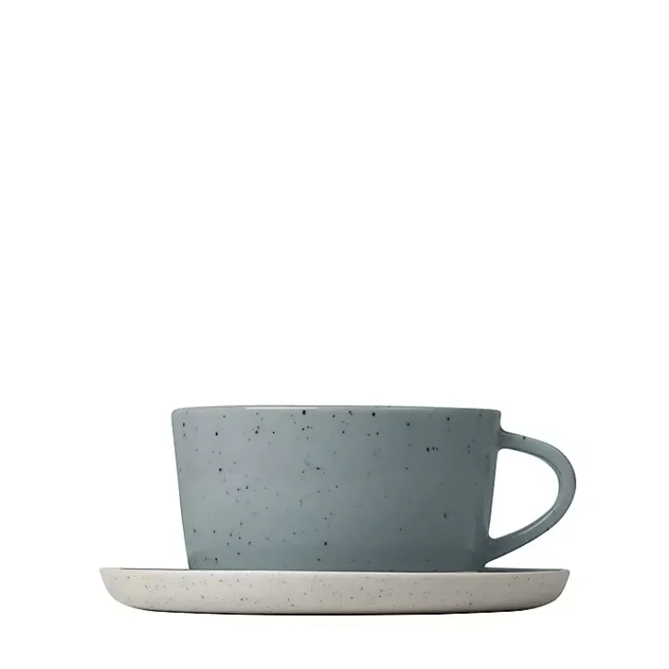 Kirklands Home Glassware & Drinkware|Speckled Ceramic Mugs and Saucers, Set of 2 Blue