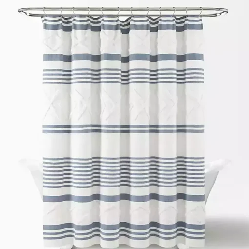 Kirklands Home Shower Curtains|Blue Stripe Diamond Tufted Shower Curtain