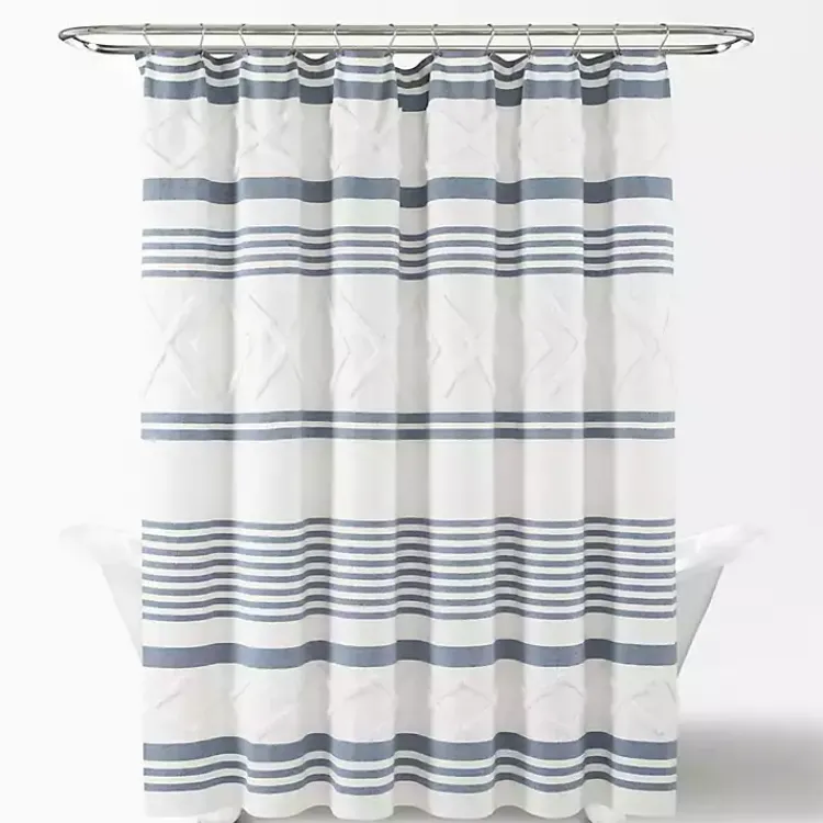 Kirklands Home Shower Curtains|Blue Stripe Diamond Tufted Shower Curtain