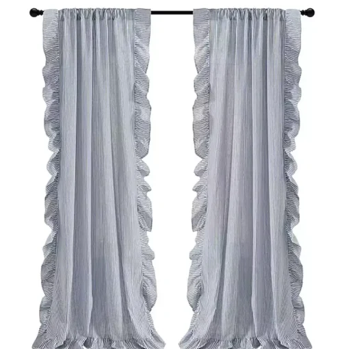 Kirklands Home Curtains & Drapes|Blue Stripe Ruffled Curtain Panel Set, 84 in.