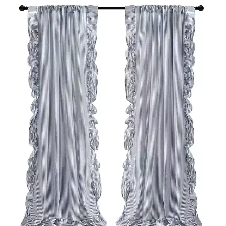 Kirklands Home Curtains & Drapes|Blue Stripe Ruffled Curtain Panel Set, 84 in.