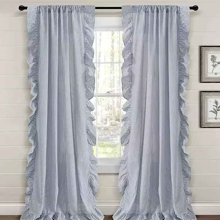 Kirklands Home Curtains & Drapes|Blue Stripe Ruffled Curtain Panel Set, 84 in.
