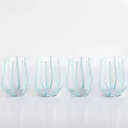 Kirklands Home Glassware & Drinkware|Blue Striped Stemless Wine Glasses, Set of 4