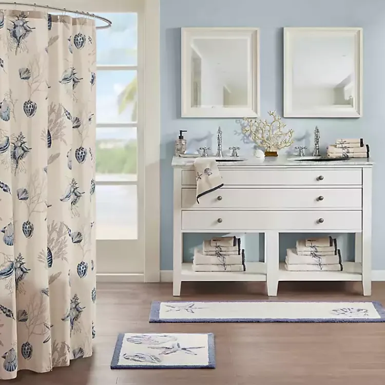 Kirklands Home Bathroom Rugs|Blue Tufted Seashell Bath Mat