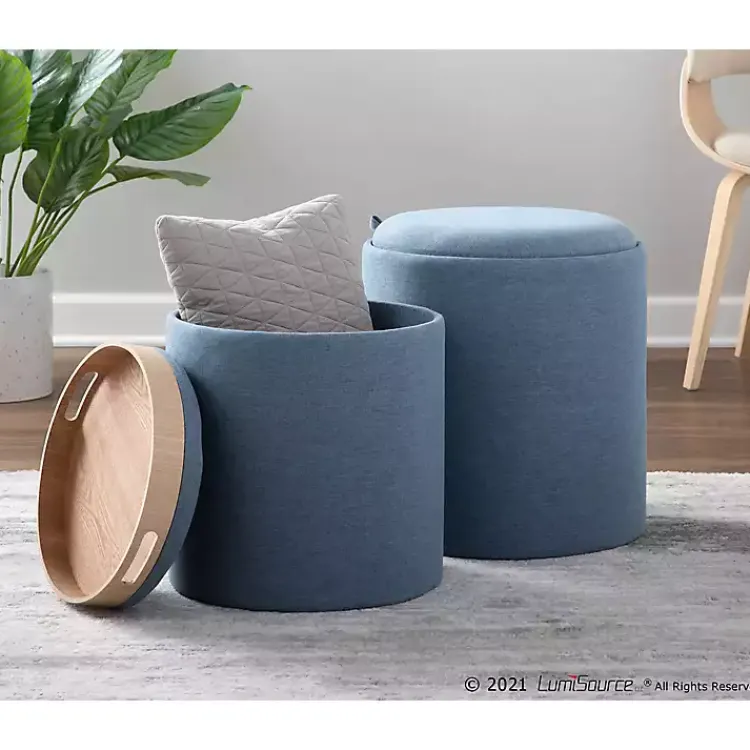 Kirklands Home Benches & Ottomans|Upholstered Ottomans with Tray Tops, Set of 2 Blue