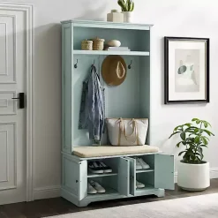 Kirklands Home Entryway Furniture|Wood Hall Tree with Cushioned Bench Blue