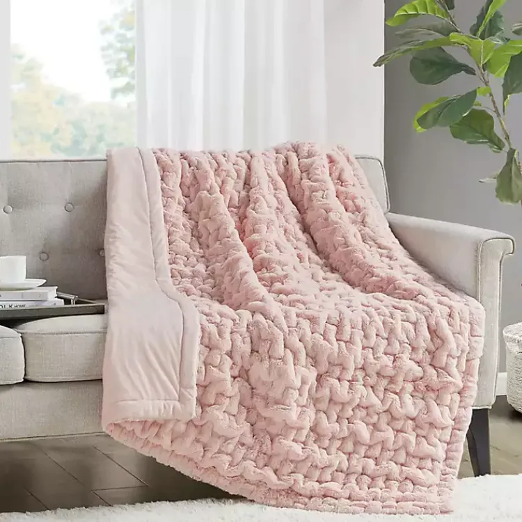 New Blush Ruched Faux Fur Throw Blankets & Throws