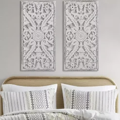 Kirklands Home Wall Plaques|Botanical Wood Carved Panel Wall Plaques, Set of 2 White