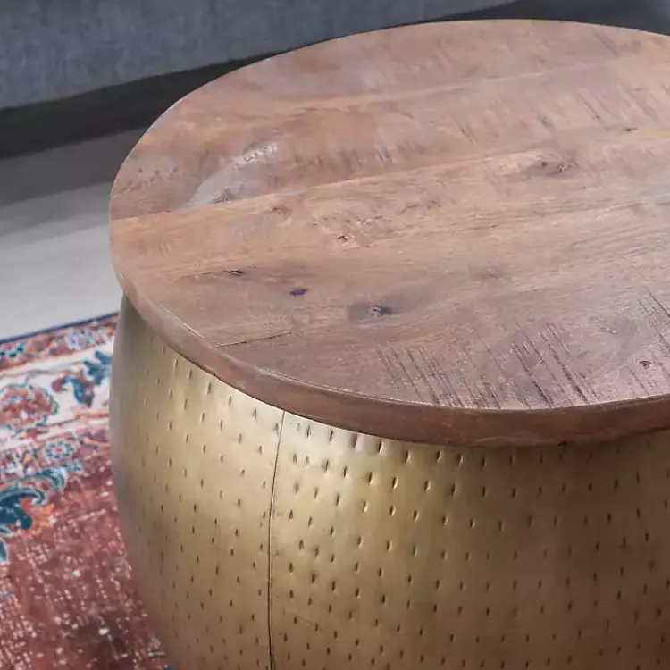 Kirklands Home Coffee Tables|Brass Hammered Drum Storage Coffee Table Brown