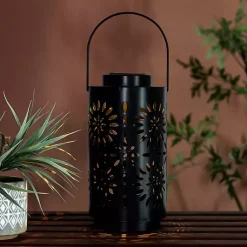 Kirklands Home Outdoor Lighting|Brass Metal Flower Cutout Solar Lantern Brown