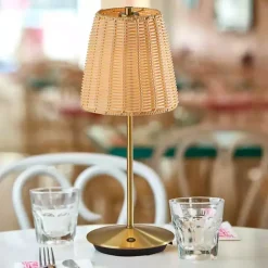 Kirklands Home Outdoor Lighting|Brass Metal Rattan Shade Cordless Table Lamp Gold