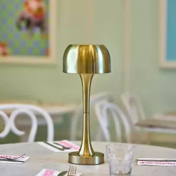 Kirklands Home Outdoor Lighting|Brass Tapered Dome Frosted Light Cordless Lamp Gold