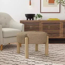 Kirklands Home Benches & Ottomans|Boucle Natural Wood Ottoman Brown